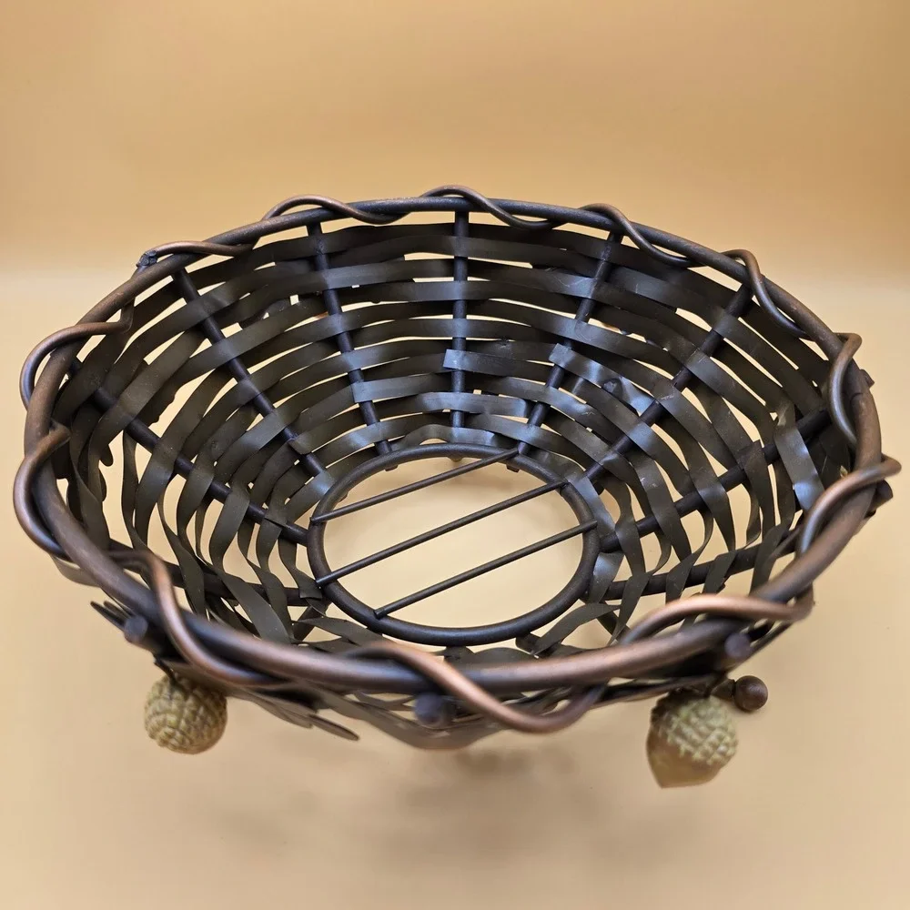 Harvest Time Copper Metal Basket Oak Leaf Acorn Woven Fruit Bowl Autumn Decor